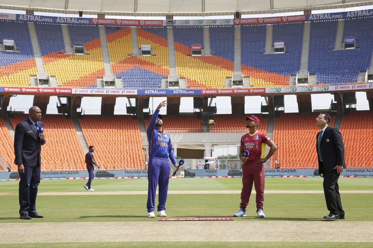 Rohit Sharma and Nicholas Pooran at the toss, India vs West Indies, 2nd ODI, Ahmedabad, February 9, 2022