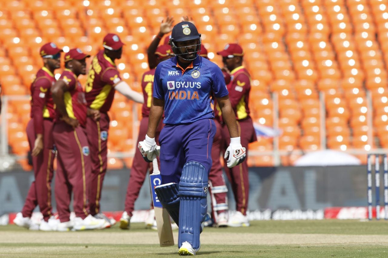 A dejected Rohit Sharma walks back after falling cheaply, India vs West Indies, 2nd ODI, Ahmedabad, February 9, 2022