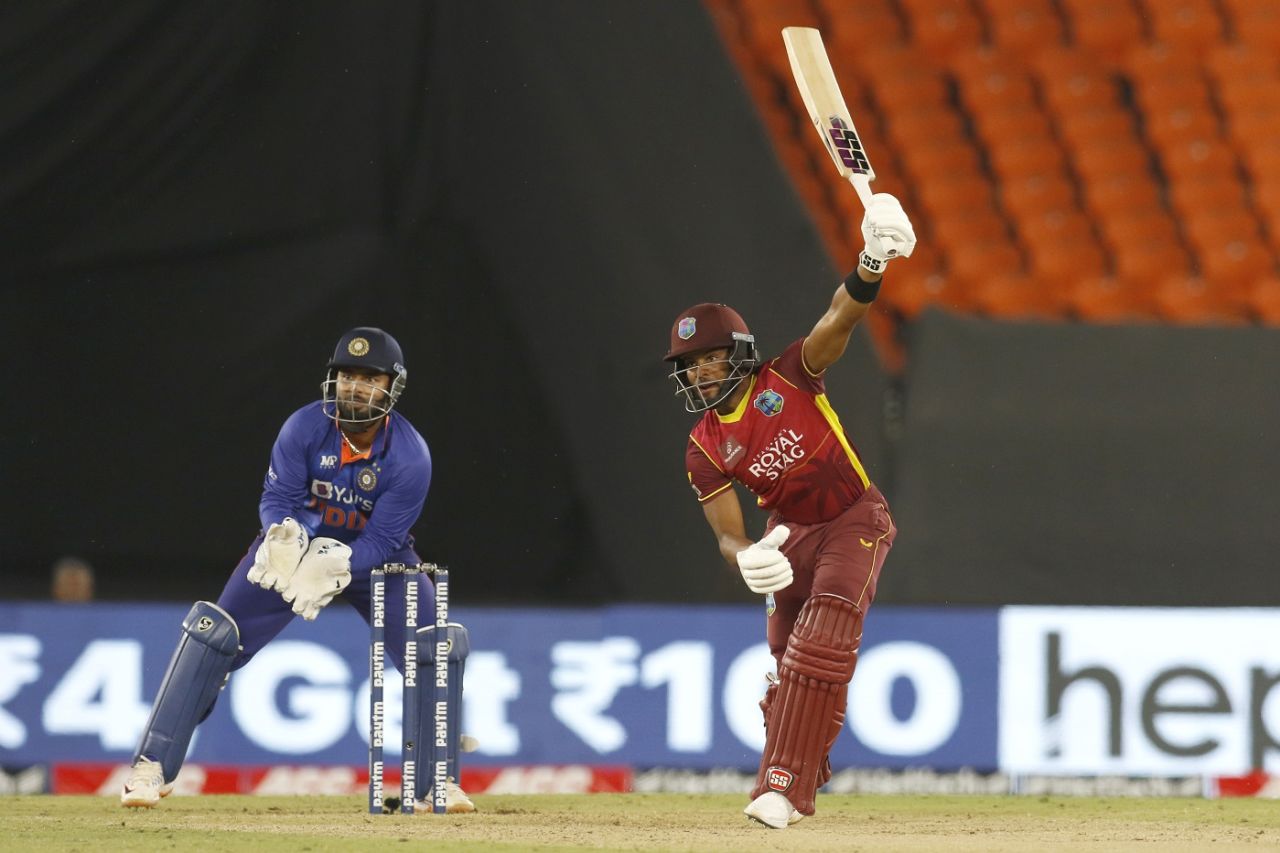 Shai Hope hits a one-handed stroke over covers, India vs West Indies, 2nd ODI, Ahmedabad, February 9, 2022
