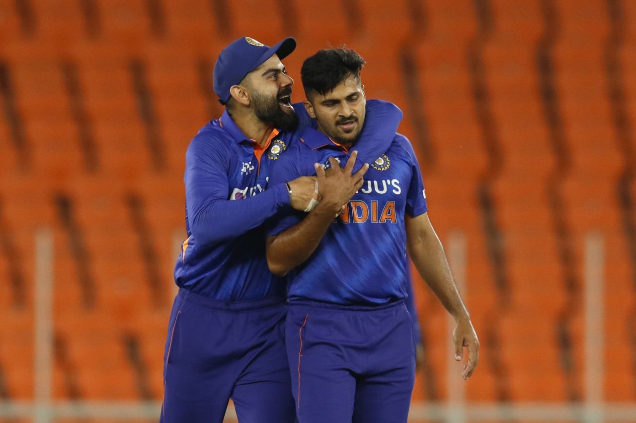 Virat Kohli hugs Shardul Thakur after Jason Holder's dismissal, India vs West Indies, 2nd ODI, Ahmedabad, February 9, 2022
