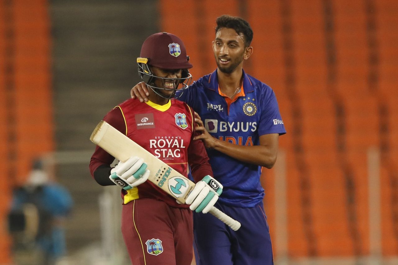Prasidh Krishna shares a few words with Akeal Hosein, India vs West Indies, 2nd ODI, Ahmedabad, February 9, 2022