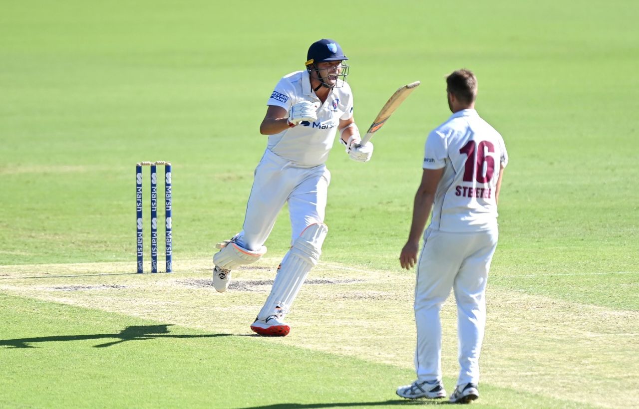 Harry Conway celebrates the winning runs, Queensland vs New South Wales, Sheffield Shield, Gabba, February 11, 2022