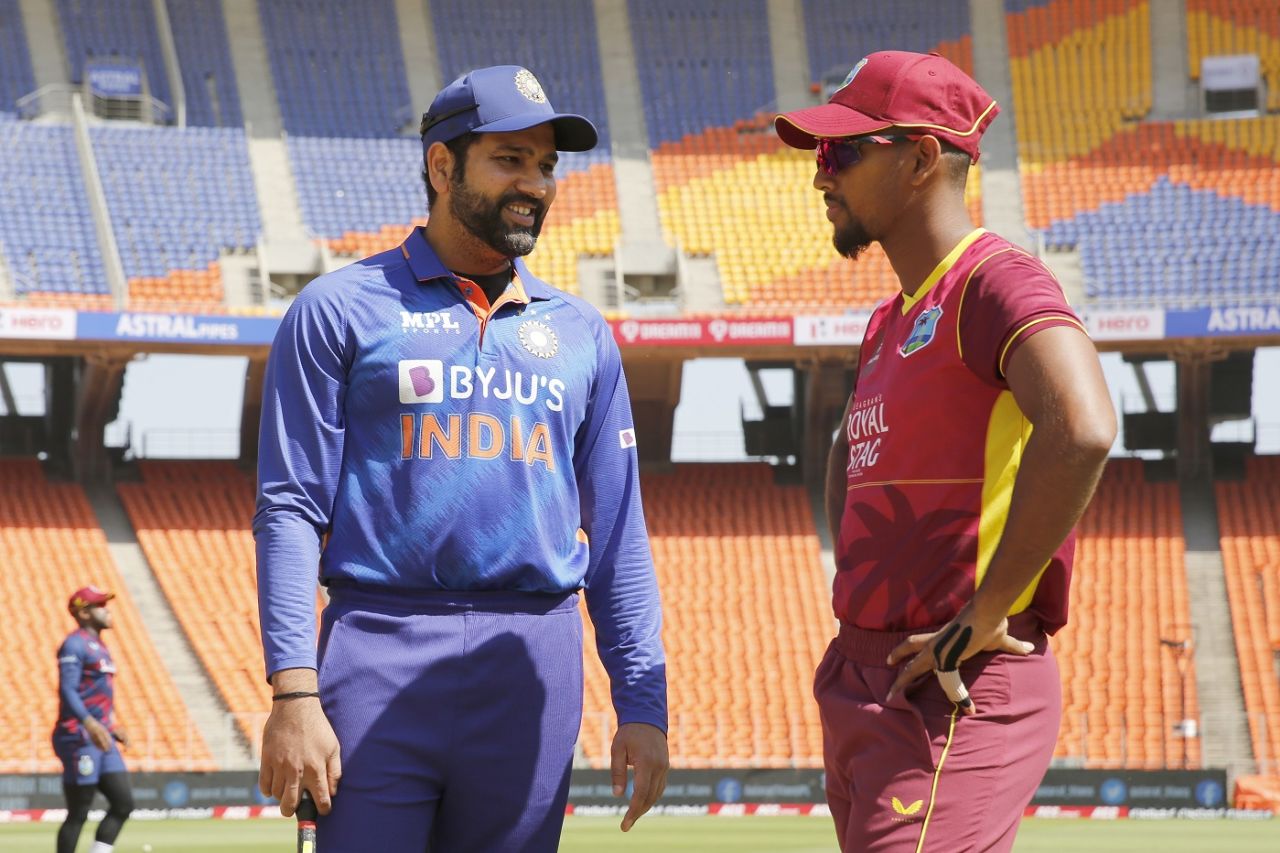 Rohit Sharma and Nicholas Pooran chat before the toss, India vs West Indies, 3rd ODI, Ahmedabad, February 11, 2022