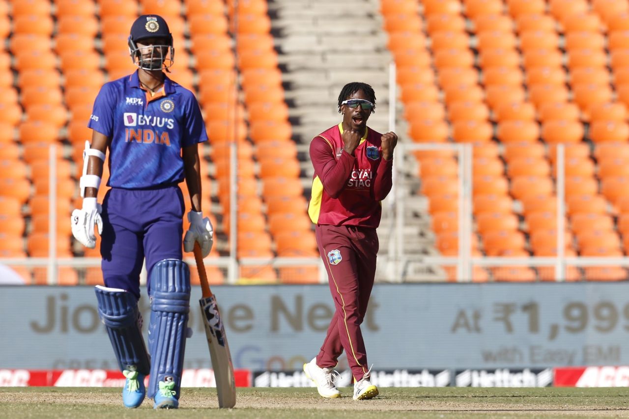 Hayden Walsh Jnr celebrates a wicket, India vs West Indies, 3rd ODI, Ahmedabad, February 11, 2022