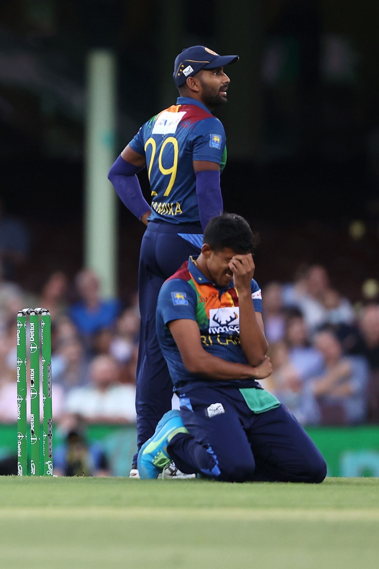 Maheesh Theekshana reacts to a review not going his way, Australia vs Sri Lanka, 2nd T20I, Sydney, February 13, 2022