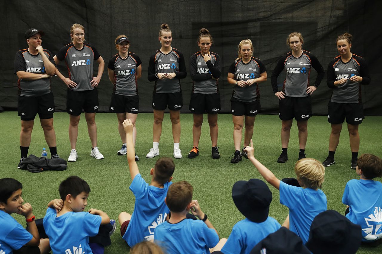 Rachel Priest, Maddy Green, Katie Perkins, Rosemary Mair, Amelia Kerr, Leigh Kasperek, Anna Peterson and Hayley Jensen take questions from kids during a coaching clinic, Melbourne, February 25, 2020