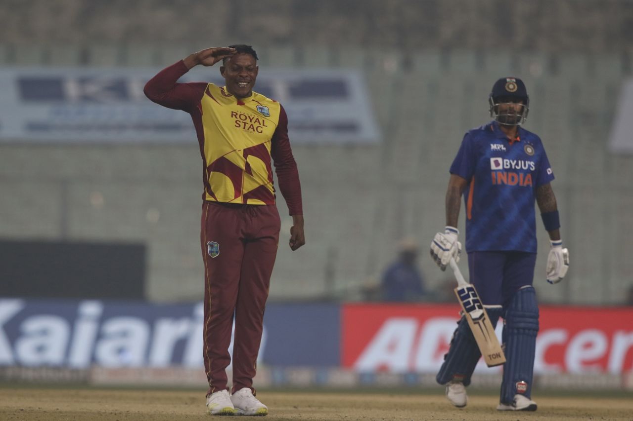 Sheldon Cottrell brings out his trademark salute, India vs West Indies 1st T20I, Kolkata, February 16, 2022