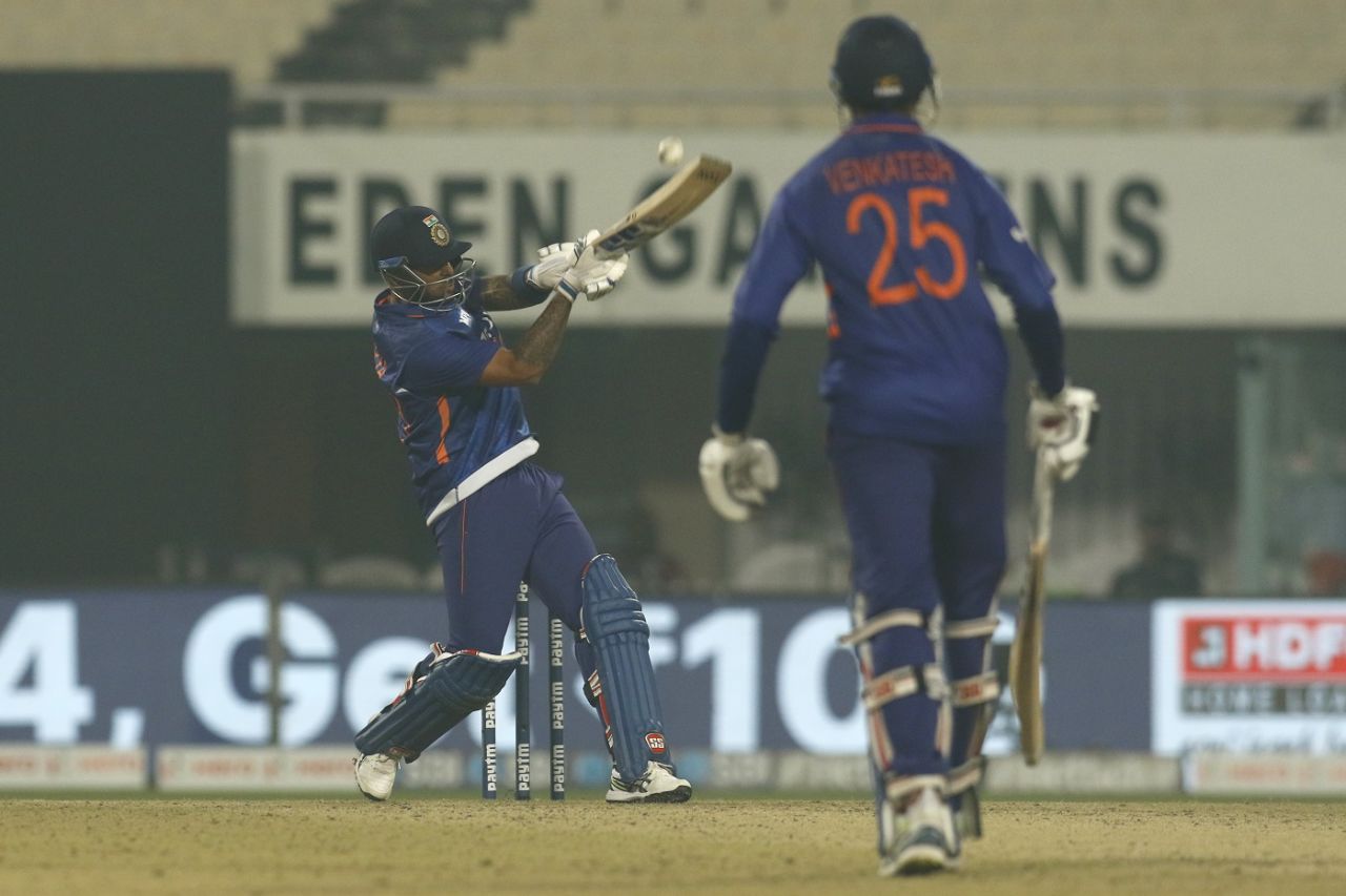 Suryakumar Yadav plays a shot as Venkatesh Iyer looks on, India vs West Indies 1st T20I, Kolkata, February 16, 2022