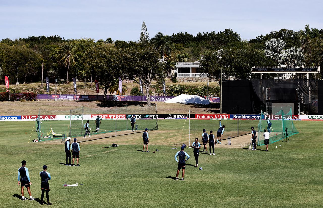 India's Under-19 players warm up in the nets, Antigua, January 25, 2022
