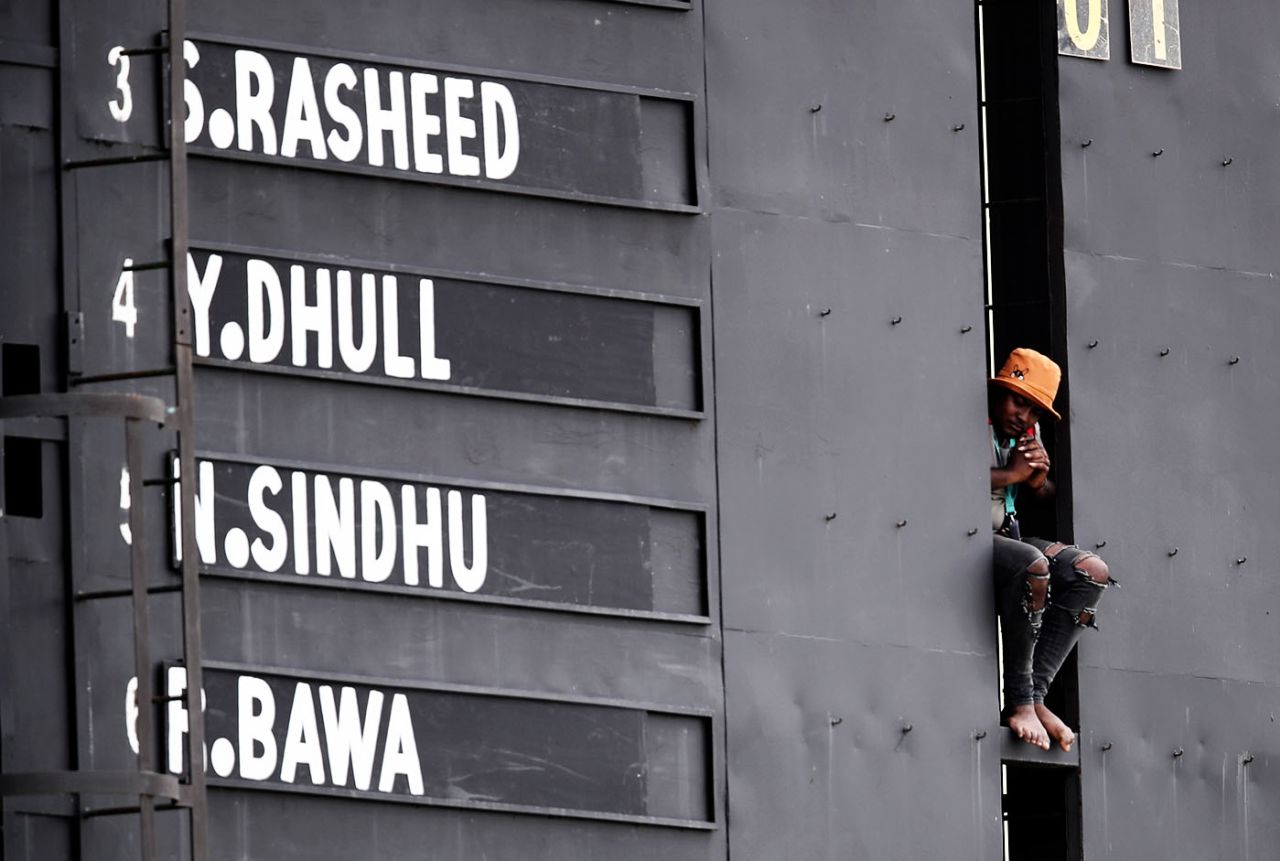 Shaik Rasheed, Yash Dhull, Nishant Sindhu and Raj Bawa's names are displayed on the scoreboard, India Under-19 vs South Africa Under-19, Under-19 World Cup, Providence, January 15, 2022