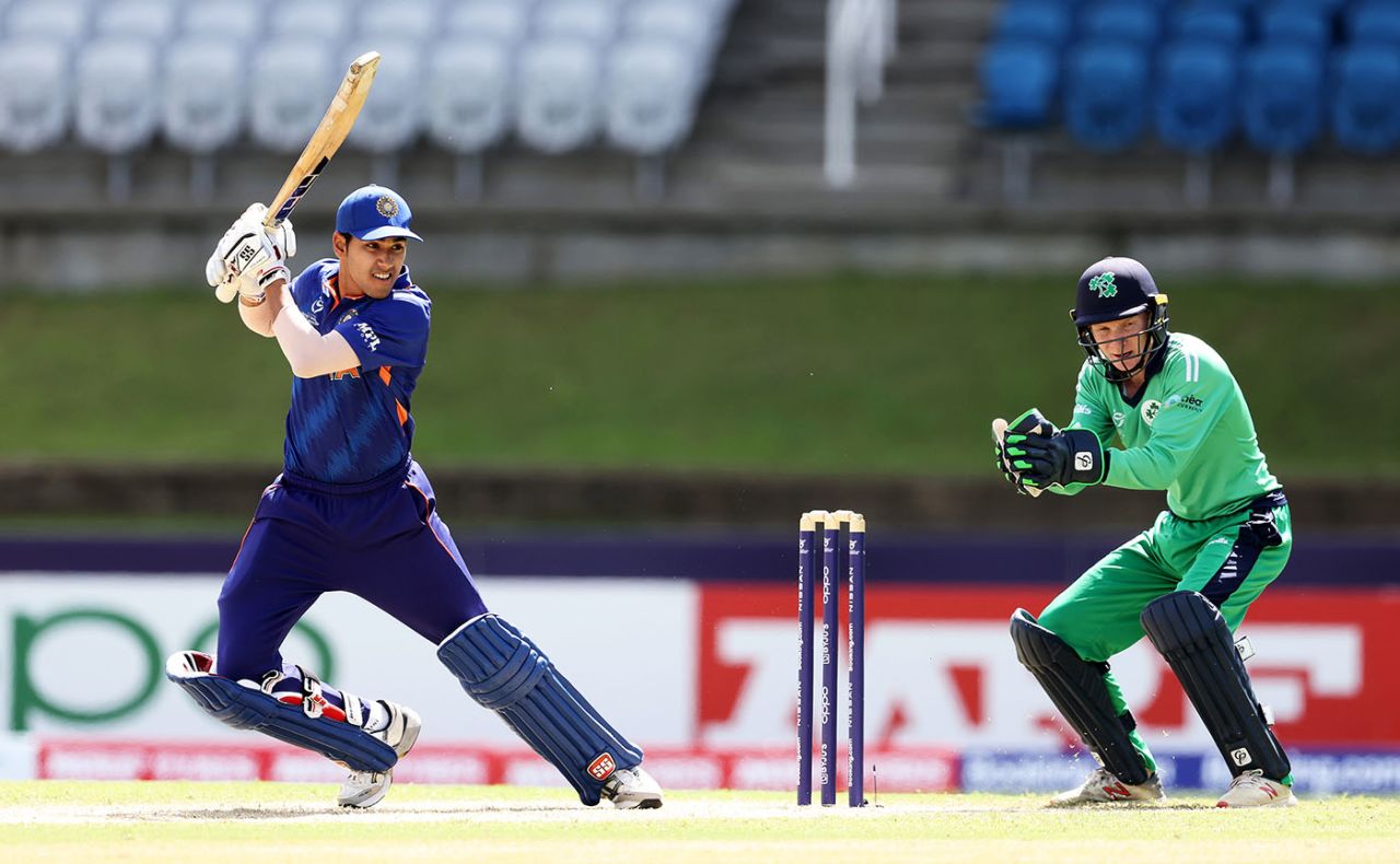 Raj Bawa plays a shot on his way to 42, India U-19s vs Ireland U-19s, Tarouba, U-19 World Cup, January 19, 2022