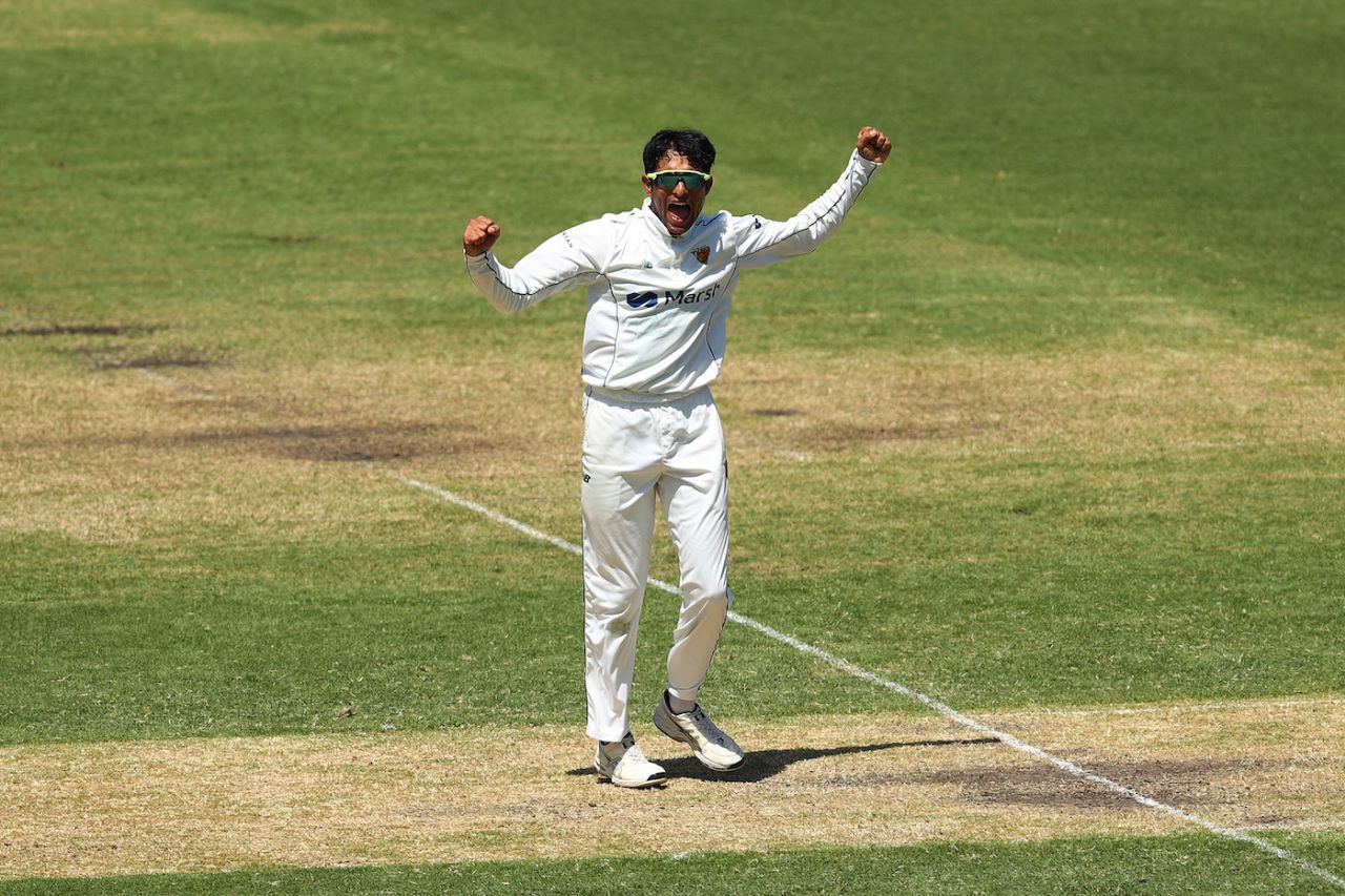 Nivethan Radhakrishnan celebrates his maiden first-class wicket on debut, New South Wales vs Tasmania, Sheffield Shield 2021-22, 1st day, Sydney, February 18, 2022