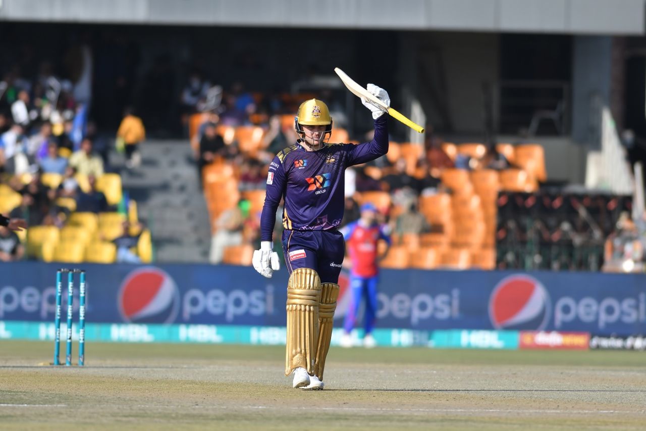 Jason Roy raises his bat after a half century, Quetta Gladiators vs Karachi Kings, PSL 2022, Lahore, February 20, 2022