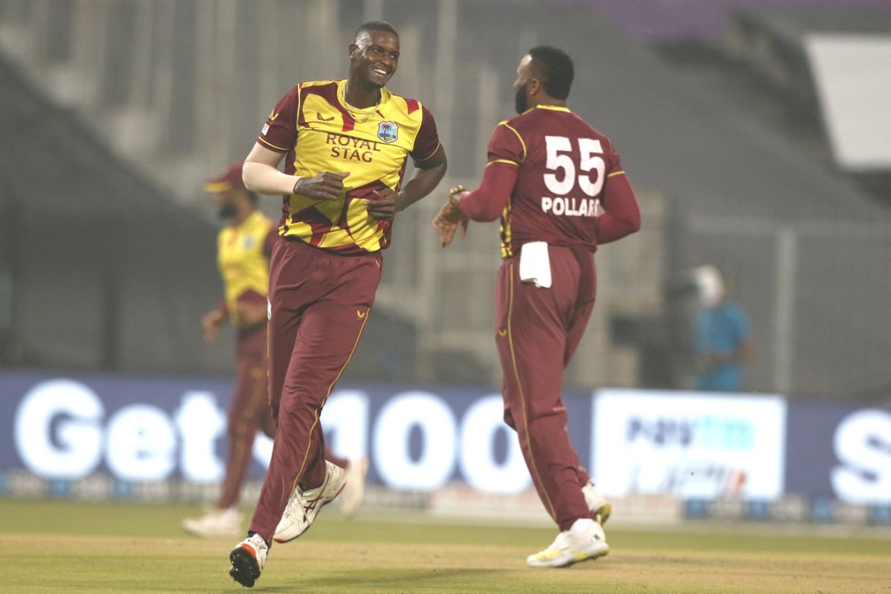 Jason Holder wheels away after dismissing Ruturaj Gaikwad, India vs West Indies, 3rd T20I, Kolkata, February 20, 2022