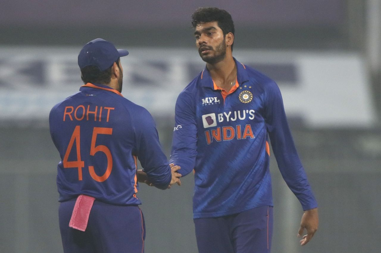 Venkatesh Iyer is congratulated by his captain Rohit Sharma, India vs West Indies, 3rd T20I, Kolkata, February 20, 2022