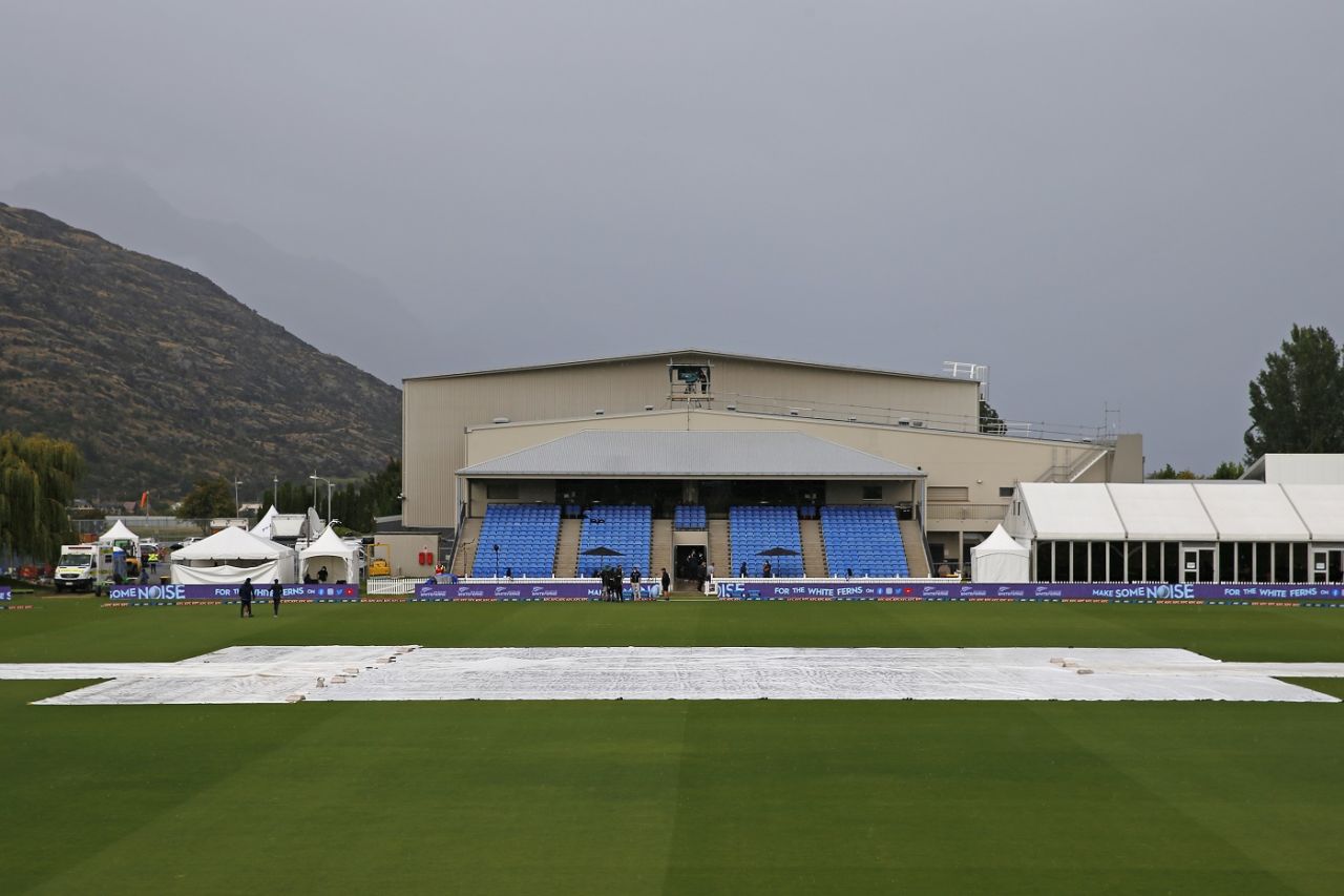 Covers lie on the ground amid a drizzle at the John Davies Oval, New Zealand vs India, 4th Women's ODI, Queenstown, February 22, 2022