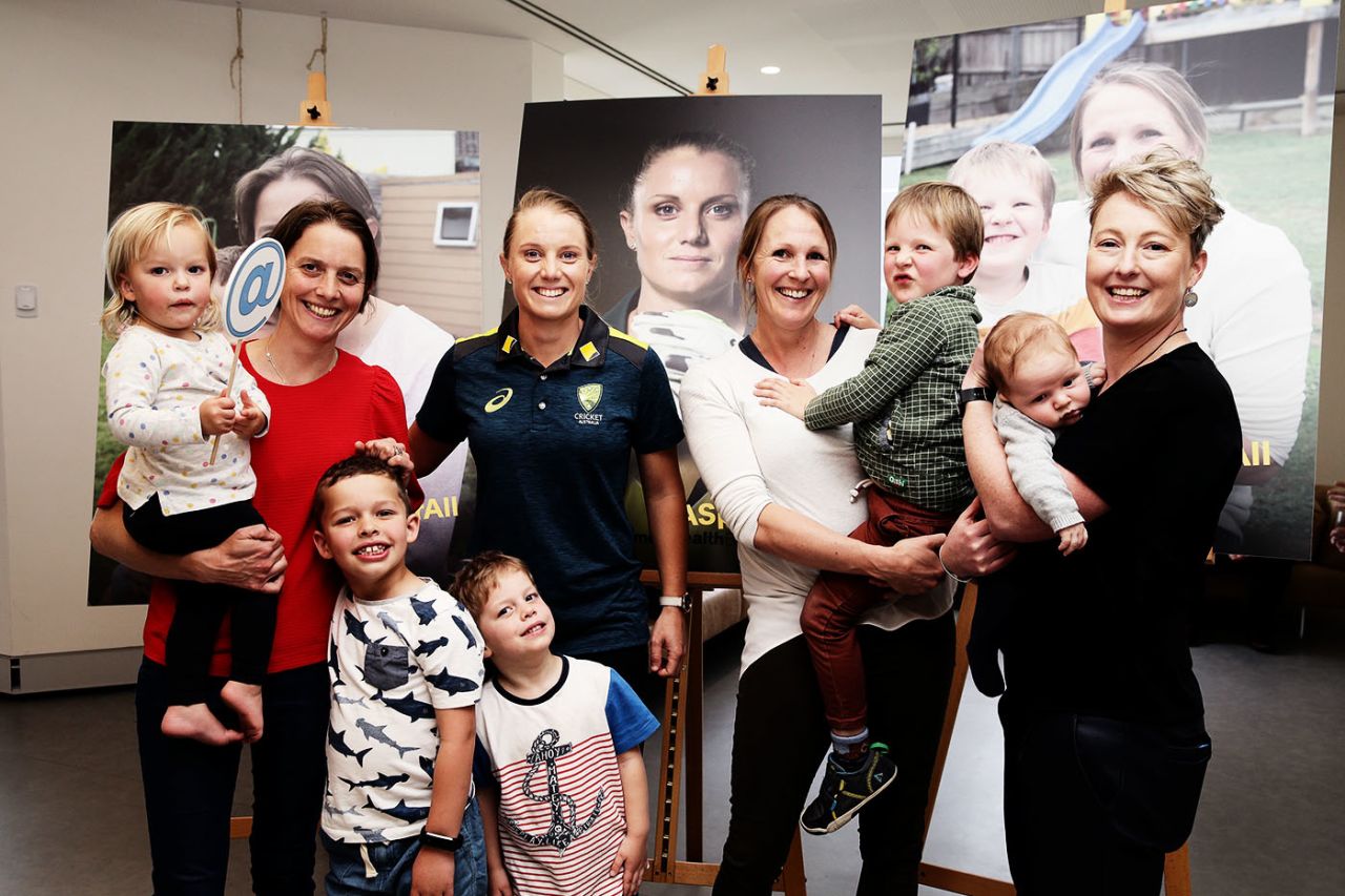 Sarah Elliott, Alyssa Healy, Emily Divin and ACA general manager Clea Smith pose for photos during the CA / ACA Player Parental Leave launch, Sydney, October 11, 2019