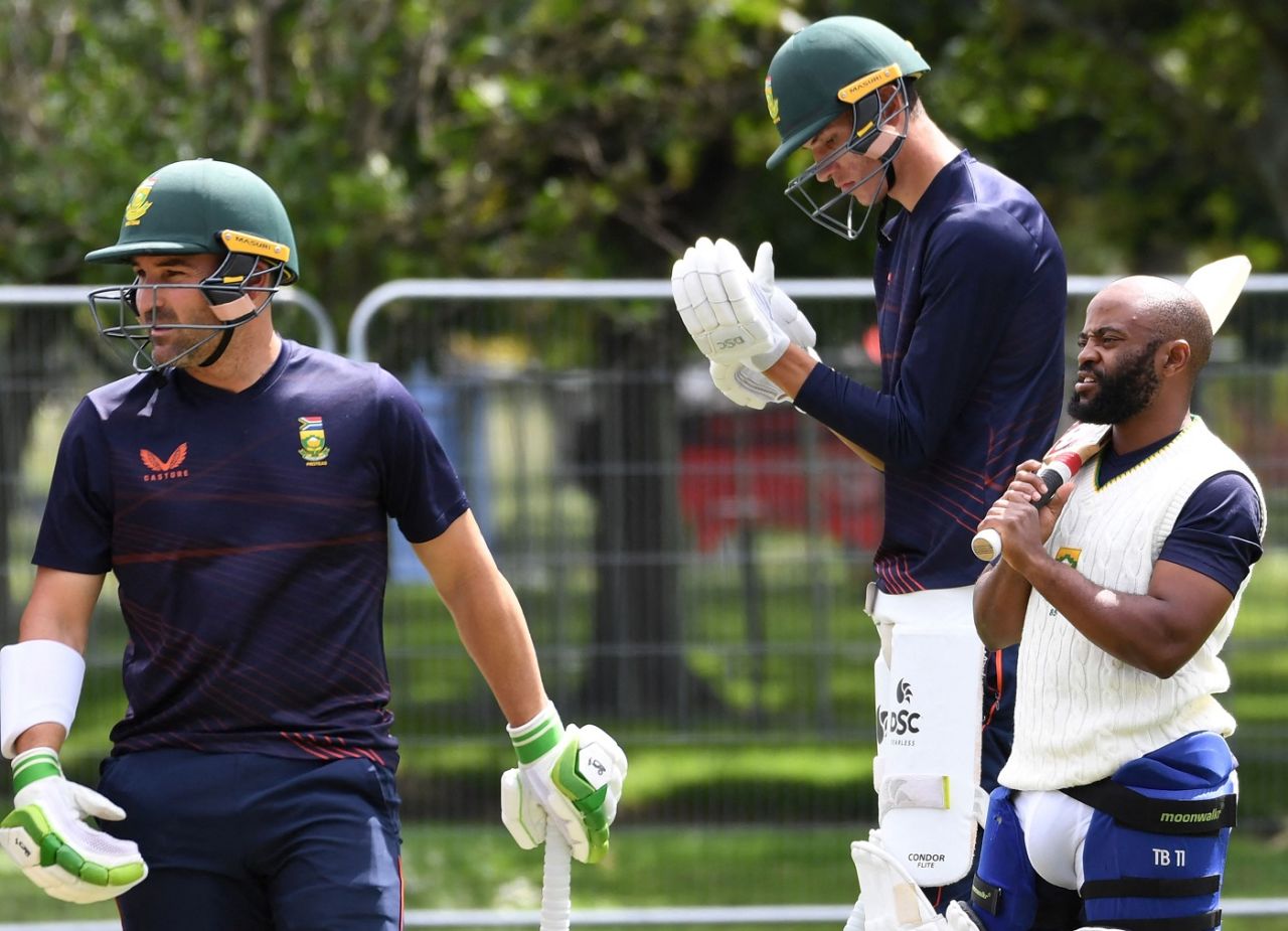 Dean Elgar, Marco Jansen and Temba Bavuma during a practice session, Christchurch, February 24, 2022