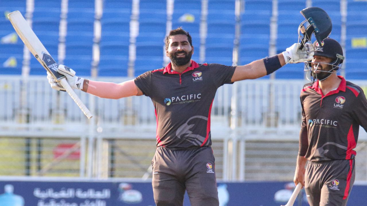 Muhammad Waseem celebrates his second T20I century against Ireland, Ireland v United Arab Emirates, ICC Men's T20 World Cup Qualifier A, Final, Al Amerat, February 24, 2022