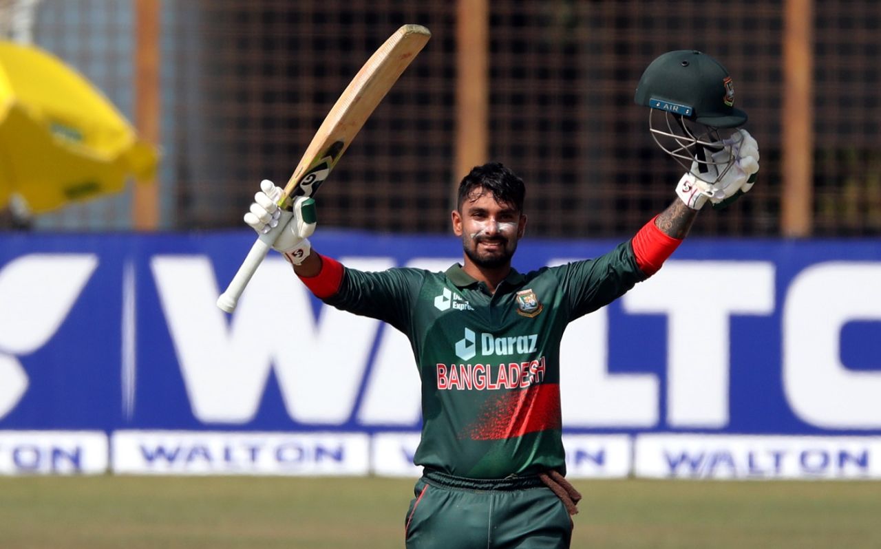 Litton Das celebrates his century, Bangladesh vs Afghanistan, 2nd ODI, Chattogram, February 25, 2022