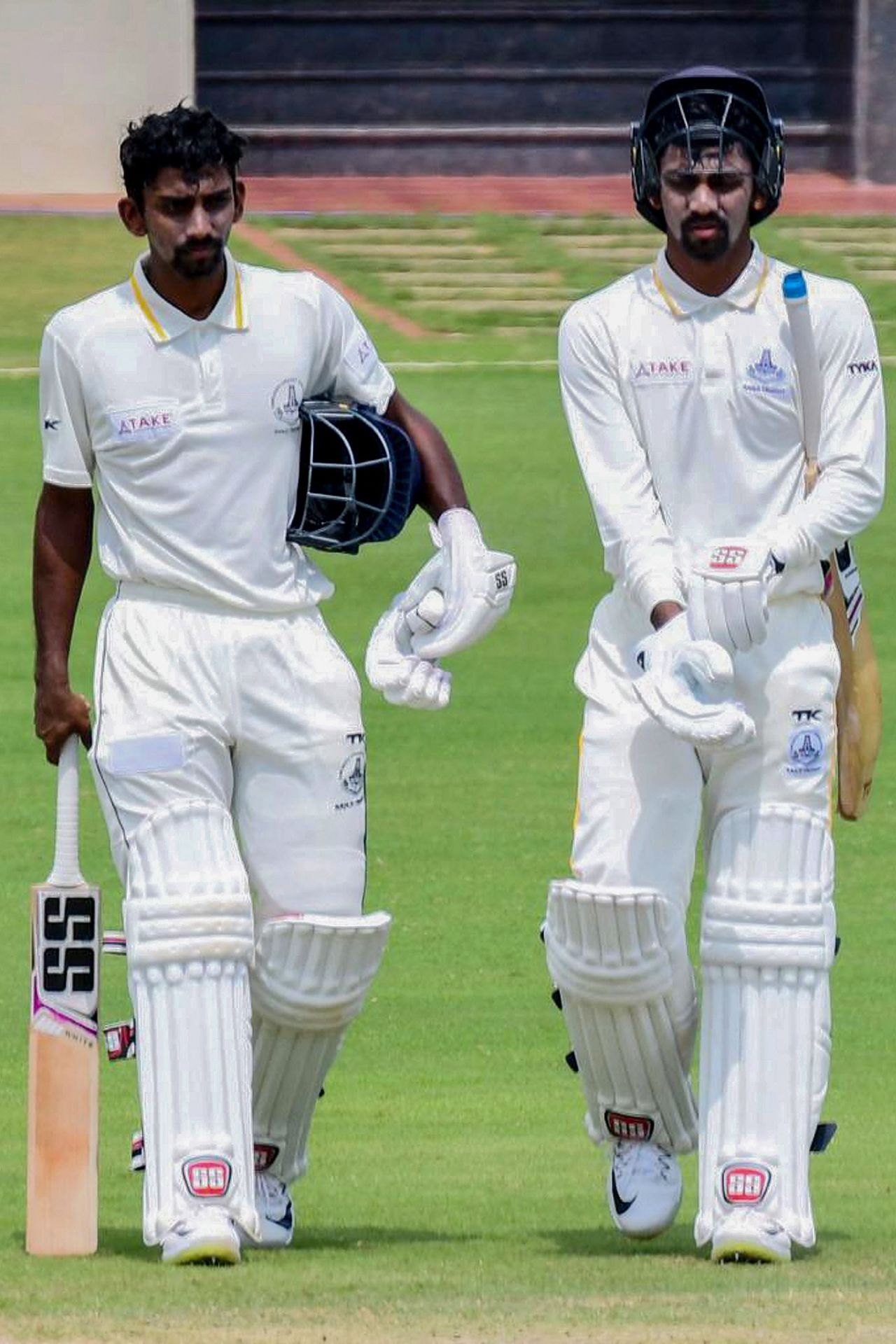 B Aparajith and B Indrajith walk out to bat, Chhattisgarh vs Tamil Nadu, Guwahati, 1st day, Ranji Trophy 2021-22, February 24, 2022