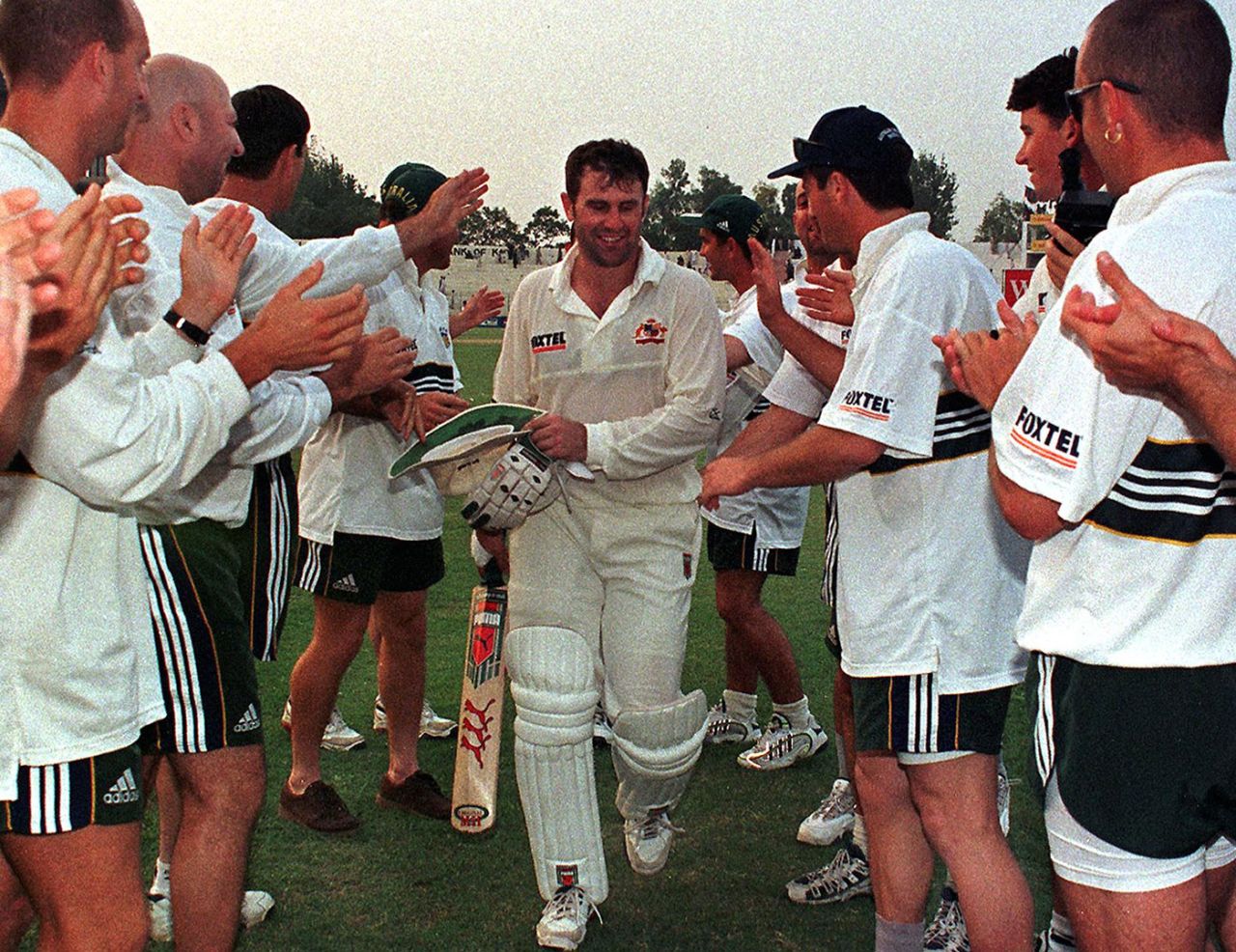Mark Taylor is given a guard of honour as he leaves the field unbeaten on 334, Pakistan vs Australia, 2nd Test, Peshawar, October 16, 1998