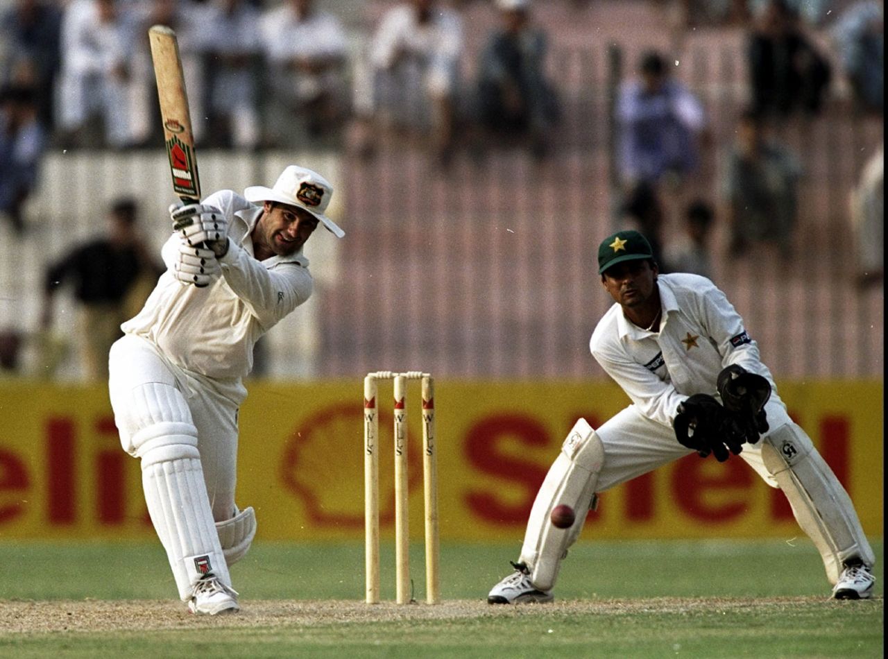 Mark Taylor drives during his triple century, Pakistan vs Australia, 2nd Test, Peshawar, October 16, 1998