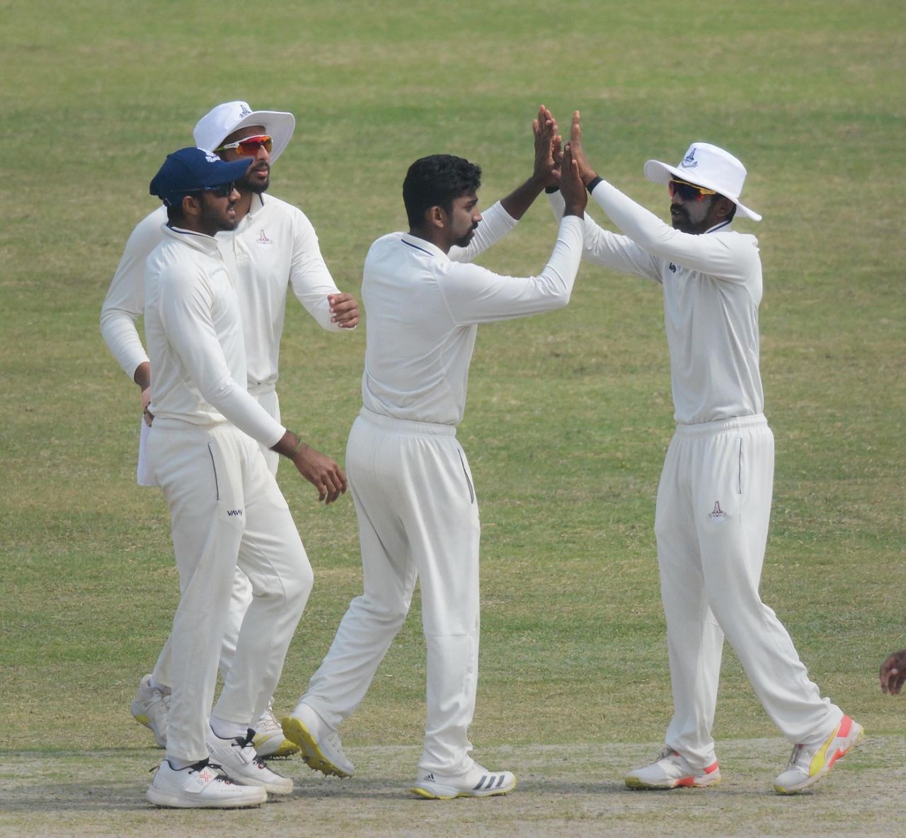 B Aparajith celebrates a wicket with B Indrajith, Vijay Shankar and M Shahrukh Khan, Chhattisgarh vs Tamil Nadu, Guwahati, 4th day, Ranji Trophy 2021-22, February 27, 2022