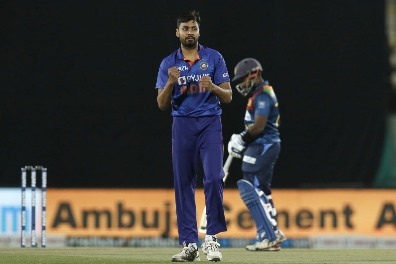 Avesh Khan is happy after picking up a wicket, India vs Sri Lanka, 3rd T20I, Dharamsala, February 27, 2022