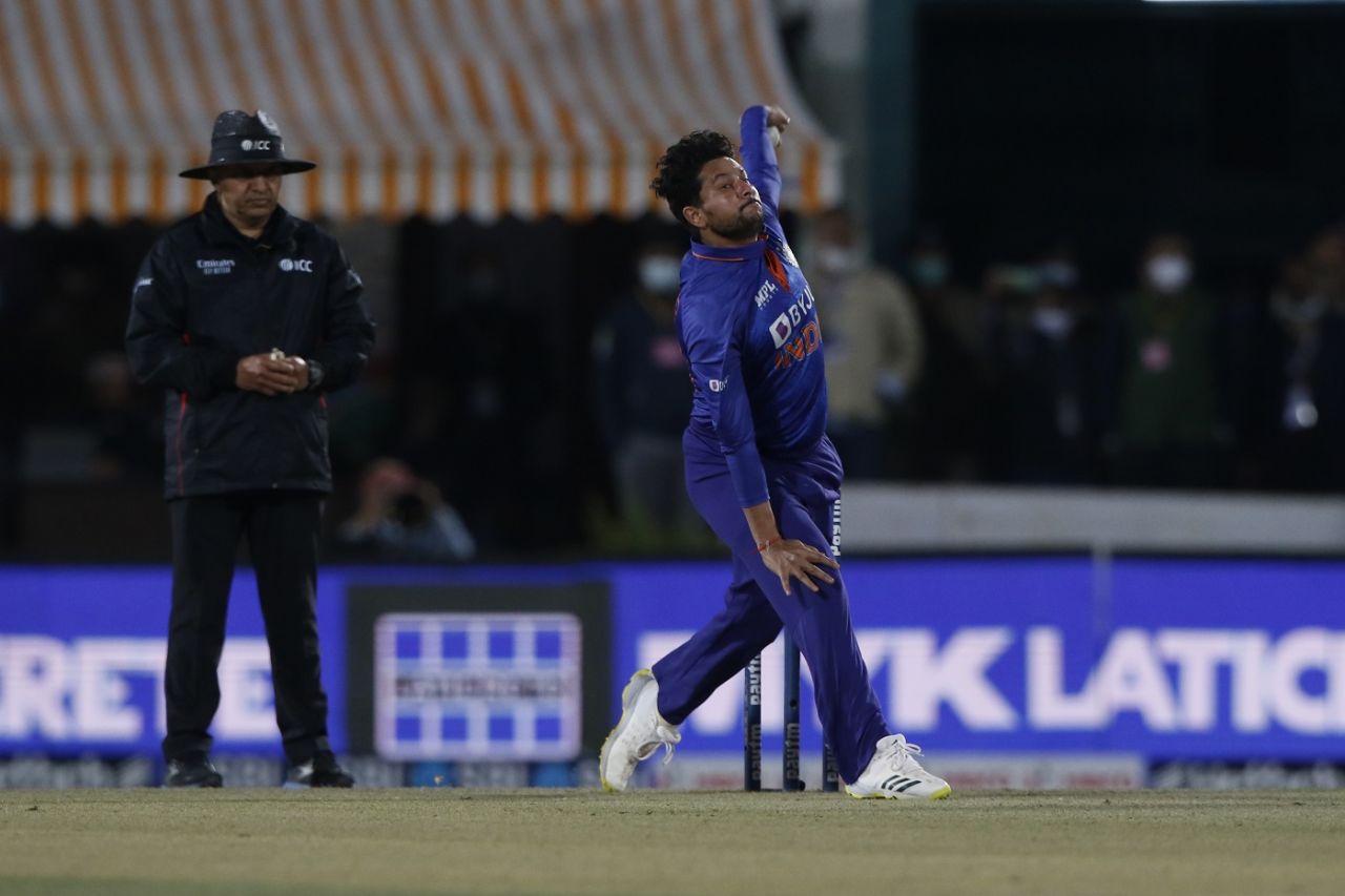 Kuldeep Yadav is in his delivery stride, India vs Sri Lanka, 3rd T20I, Dharamsala, February 27, 2022