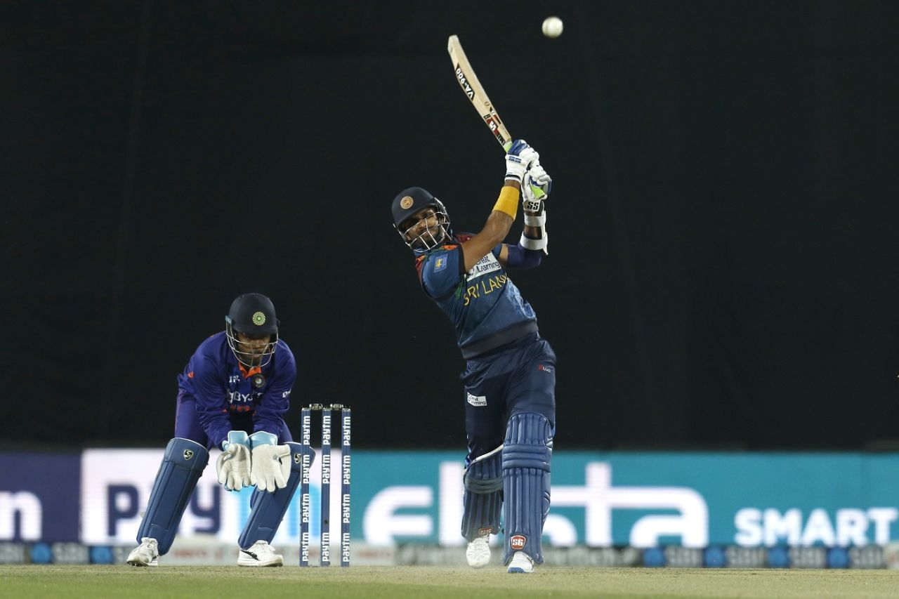 Dasun Shanaka hits one over the bowler's head, India vs Sri Lanka, 3rd T20I, Dharamsala, February 27, 2022