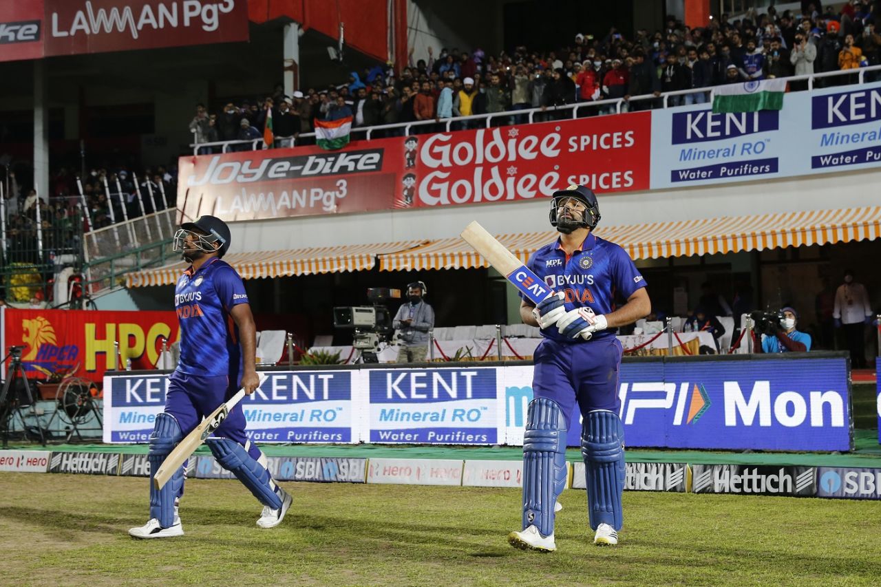 Sanju Samson and Rohit Sharma walk out to open, India vs Sri Lanka, 3rd T20I, Dharamsala, February 27, 2022
