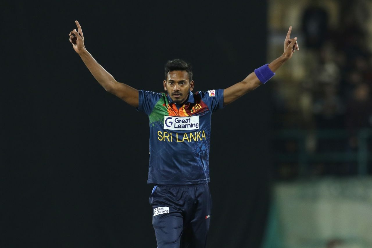 Dushmantha Chameera exults after dismissing Rohit Sharma, India vs Sri Lanka, 3rd T20I, Dharamsala, February 27, 2022