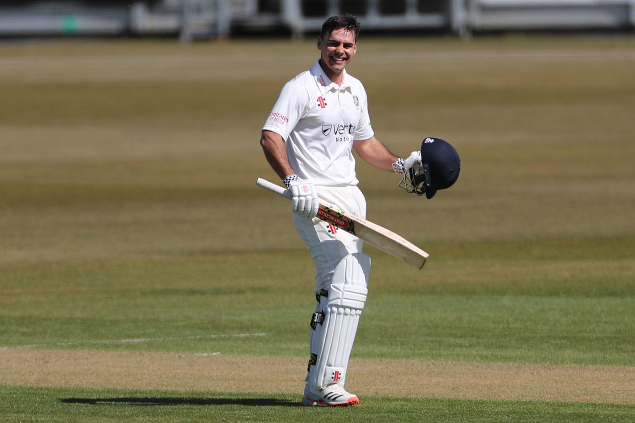 David Bedingham celebrates his double hundred, LV= Insurance County Championship, Durham vs Derbyshire, day 1, Chester le Street, April 23, 2021