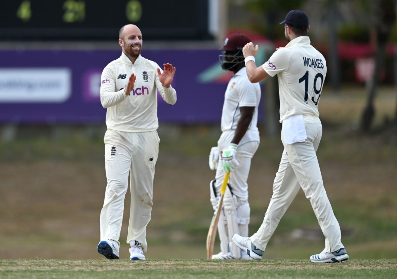 Jack Leach claims another of his four wickets, CWI President's XI vs England XI, Tour match, Coolidge Cricket Ground, Antigua, March 3, 2022