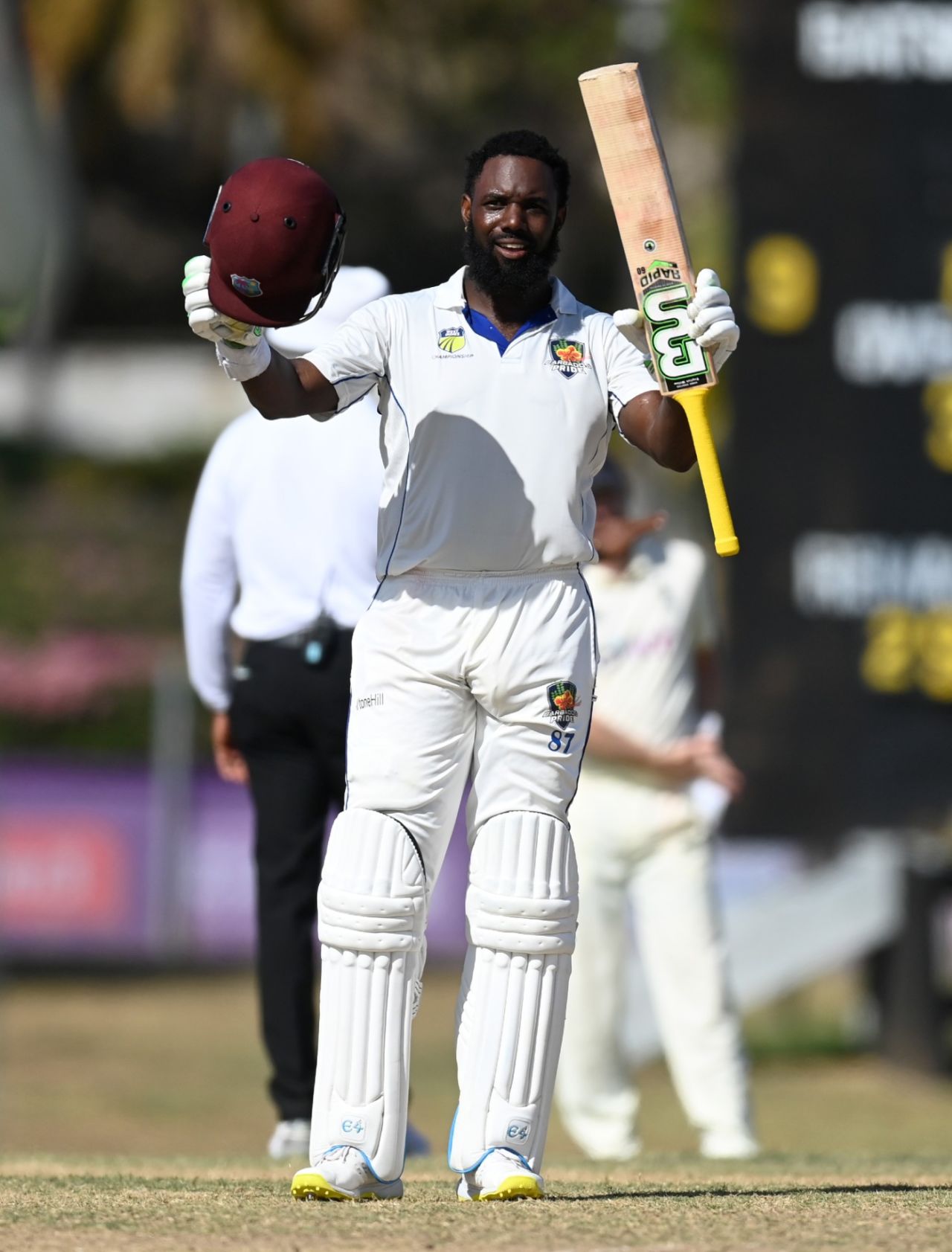 Raymon Reifer celebrates his century for the President's XI, CWI President's XI vs England XI, Tour match, Coolidge Cricket Ground, Antigua, March 3, 2022