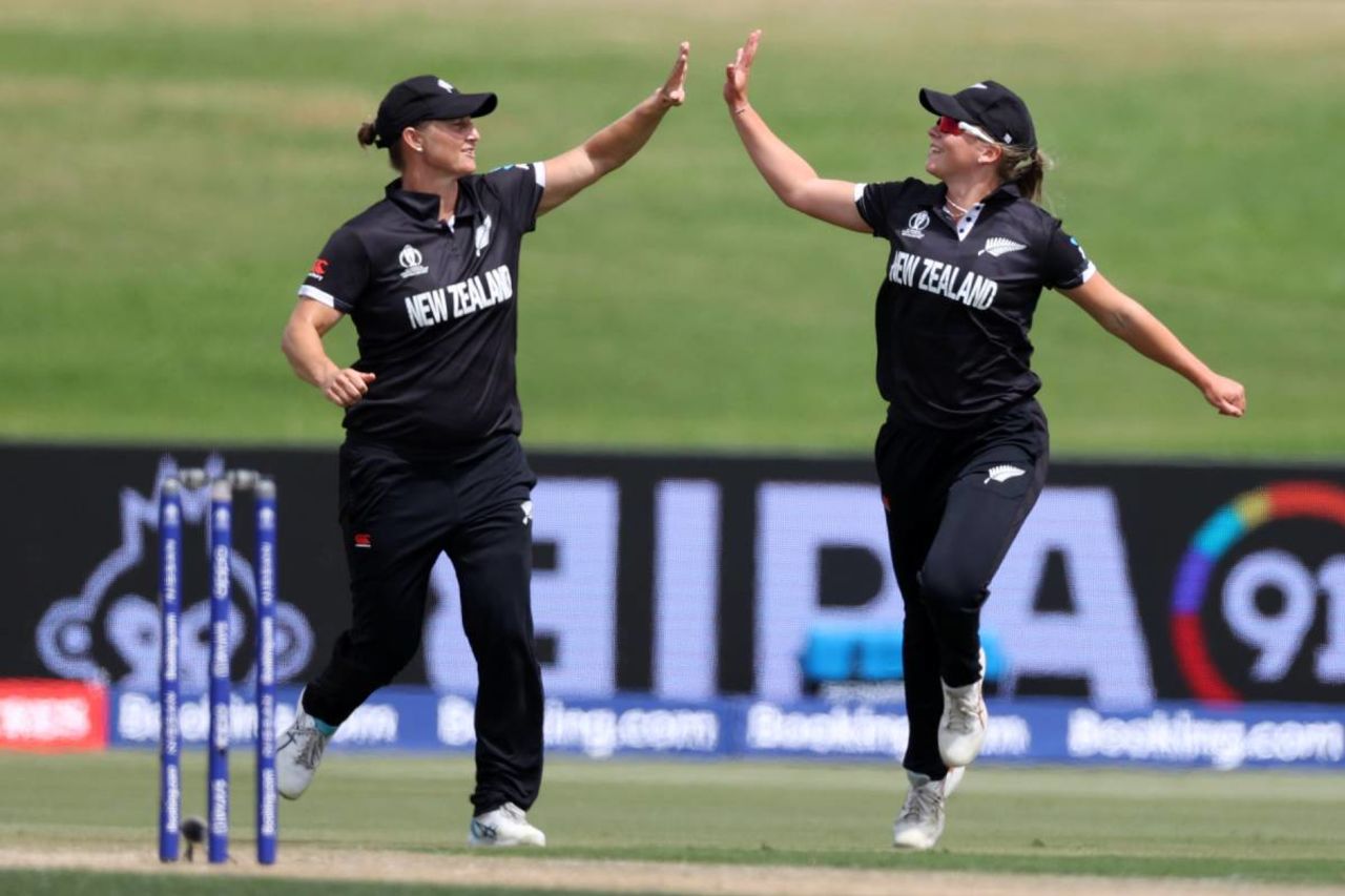 Sophie Devine and Jess Kerr celebrate with wicket of Kycia Knight, New Zealand v West Indies, Women's World Cup, Mount Maunganui, March 4, 2022