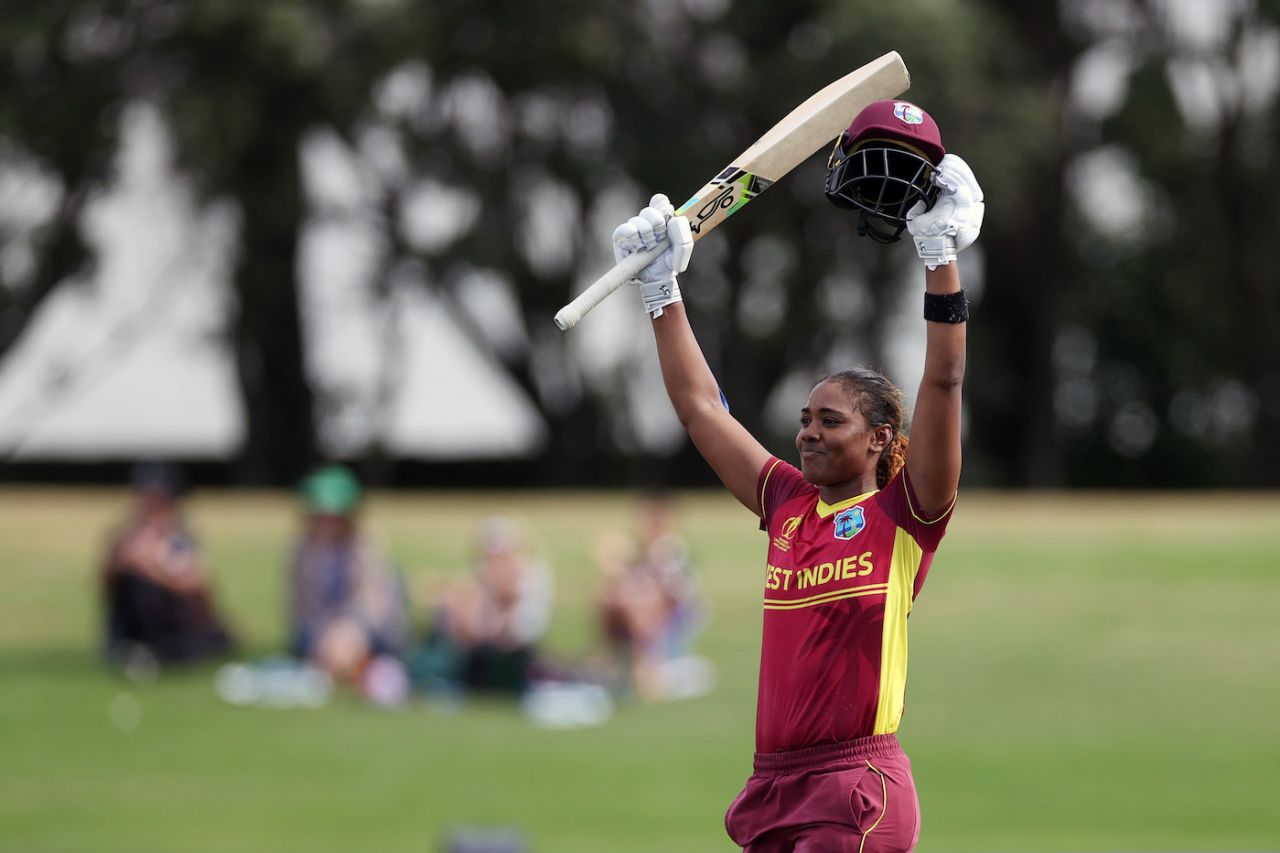 Hayley Matthews celebrates her classy century, New Zealand vs West Indies, Women's World Cup 2022, Mount Maunganui, March 4, 2022
