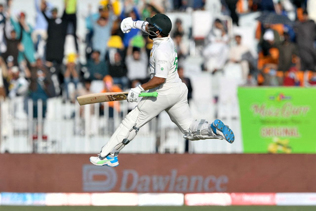 Imam-ul-Haq leaps in celebration on reaching his hundred, Pakistan vs Australia, 1st Test, Rawalpindi, 1st day, March 4, 2022
