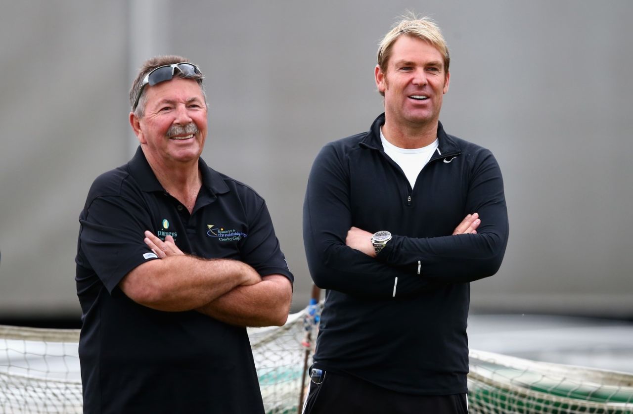 Rod Marsh, the Australian selector, and Shane Warne look on during a practice session, Manchester, July 31, 2013