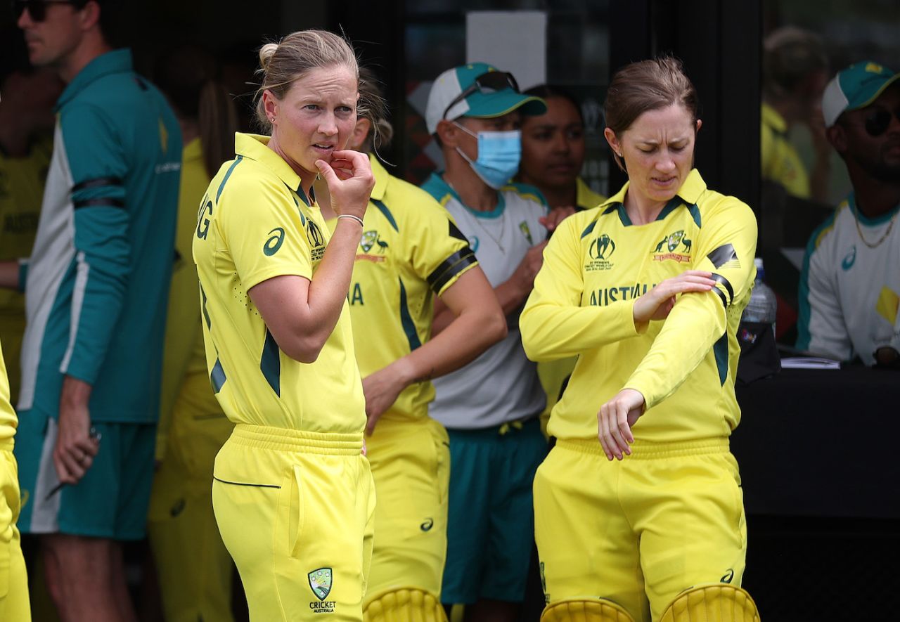 Meg Lanning and Rachael Haynes get ready for the match as Australia wore black armbands for Rod Marsh and Shane Warne, Australia vs England, Women's World Cup 2022, Hamilton, March 5, 2022