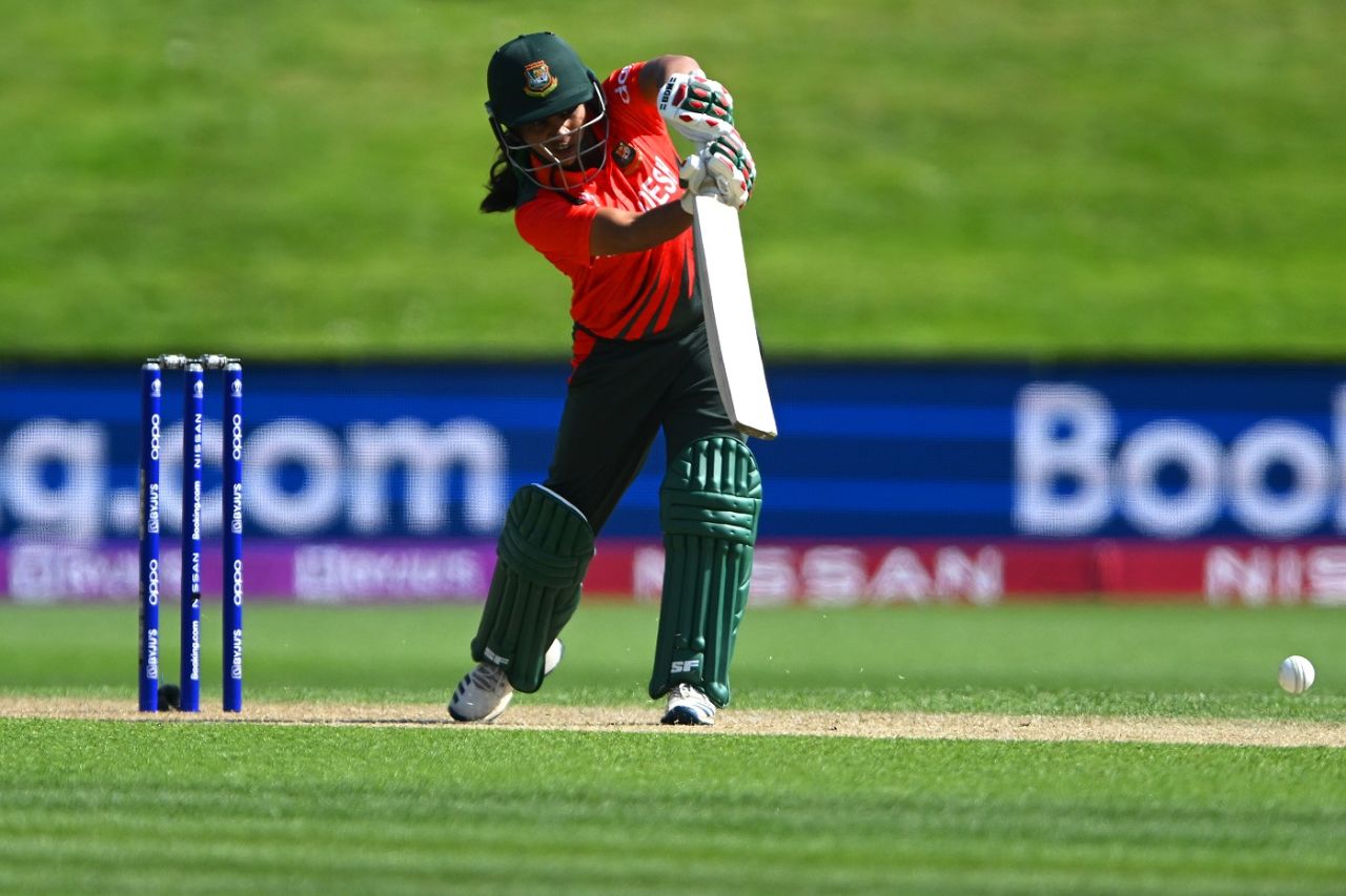 Shamima Sultana hits one down the ground, South Africa vs Bangladesh, Women's World Cup 2022, Dunedin, March 5, 2022