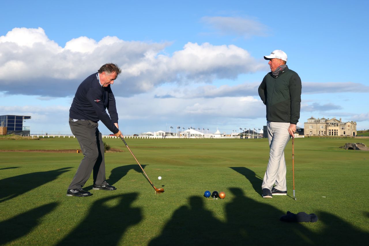 Piers Morgan and Shane Warne take part in a practice round ahead of The Alfred Dunhill Links Championship, St Andrews, The Old Course, Carnoustie, Scotland, on September 29, 2021