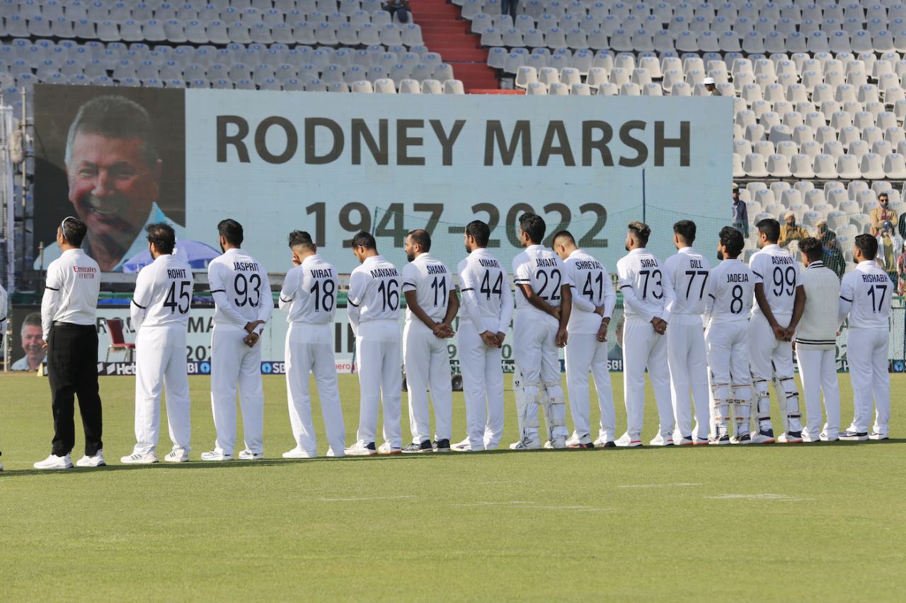 The Indian players observe a minute's silence in memory of Rod Marsh, and Shane Warne, India vs Sri Lanka, 1st Test, Mohali, 2nd day, March 5, 2022