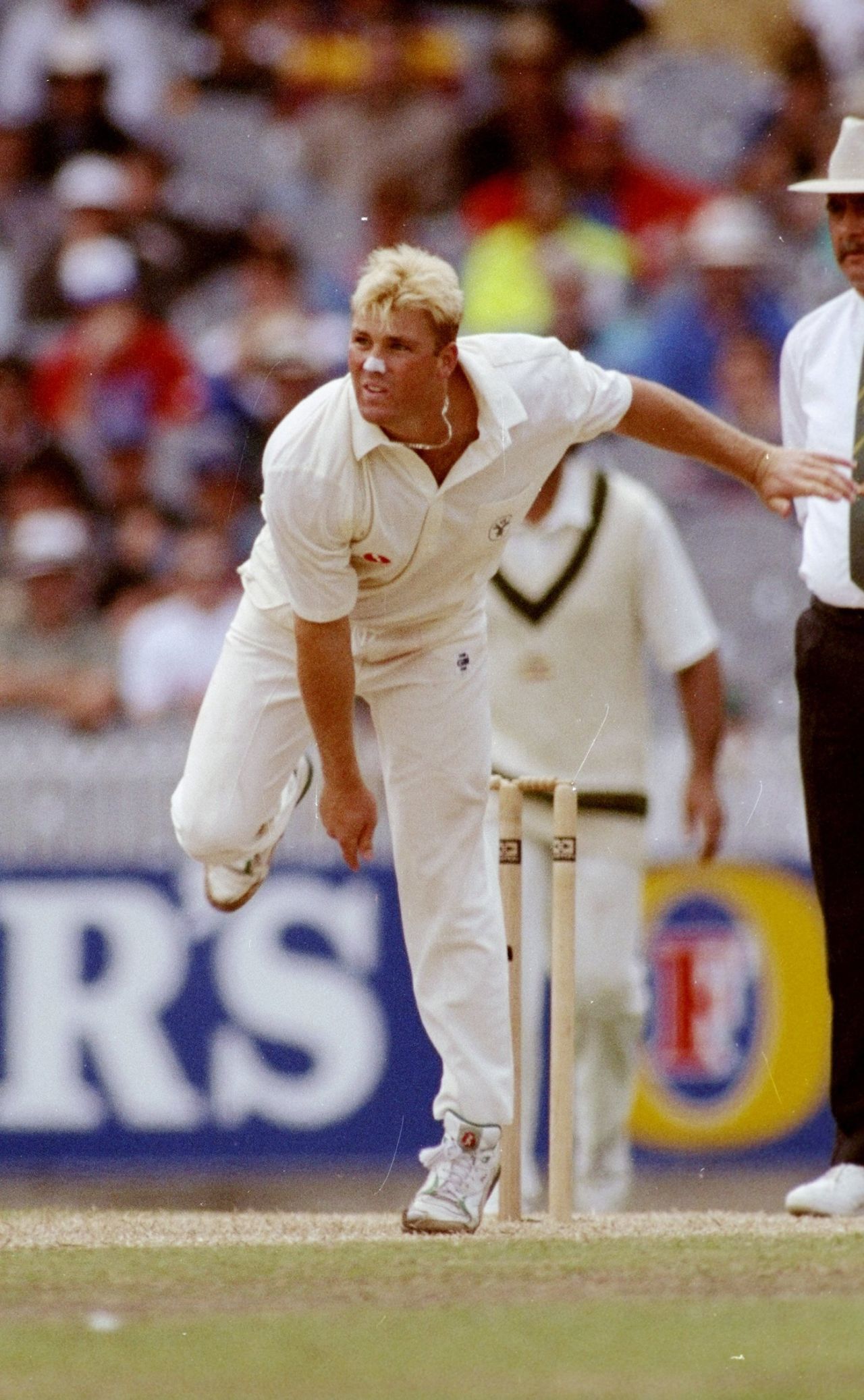Shane Warne bowls during the MCG Test against West Indies, Melbourne, December 27, 1992