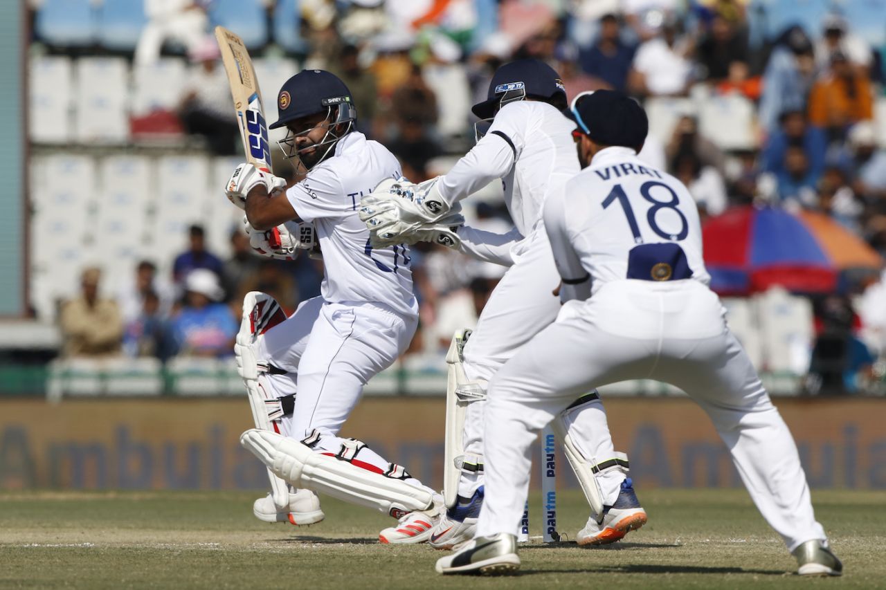 Lahiru Thirimanne plays a cut during a steady beginning to the innings, India vs Sri Lanka, 1st Test, Mohali, 2nd day, March 5, 2022