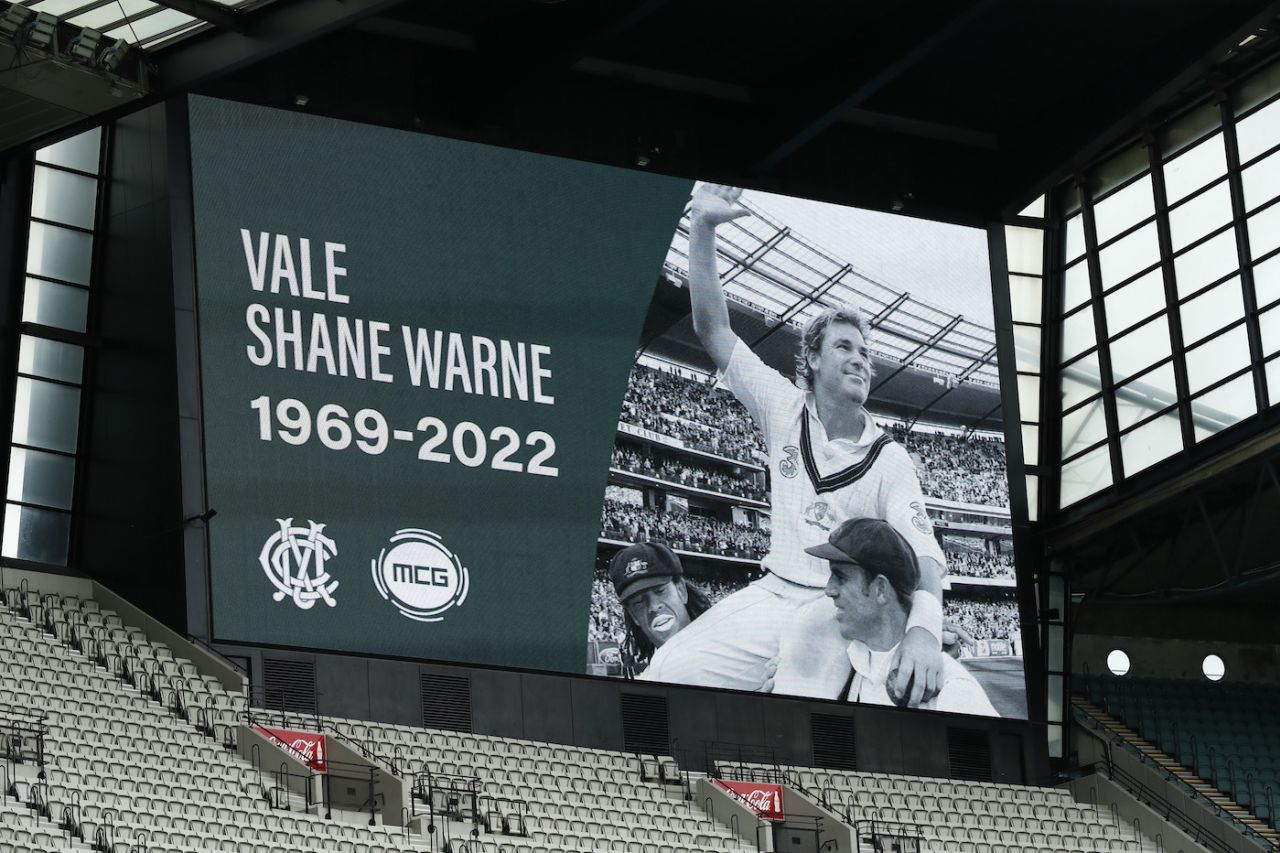 The scoreboard at the MCG pays tribute to Shane Warne, Melbourne, March 5, 2022