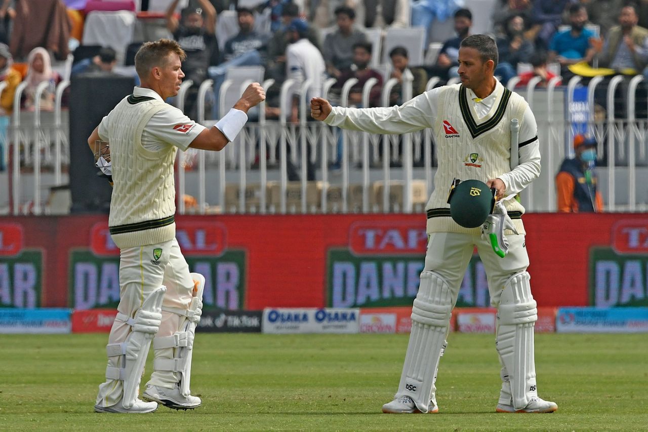 Usman Khawaja and David Warner put on 156 runs together, 1st Test, Rawalpindi, 3rd day, March 6, 2022
