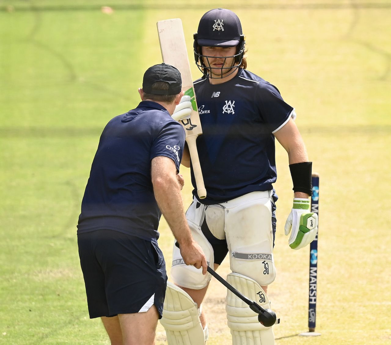 Will Pucovski spends time with a member of the coaching staff in the nets, Melbourne, March 8, 2022