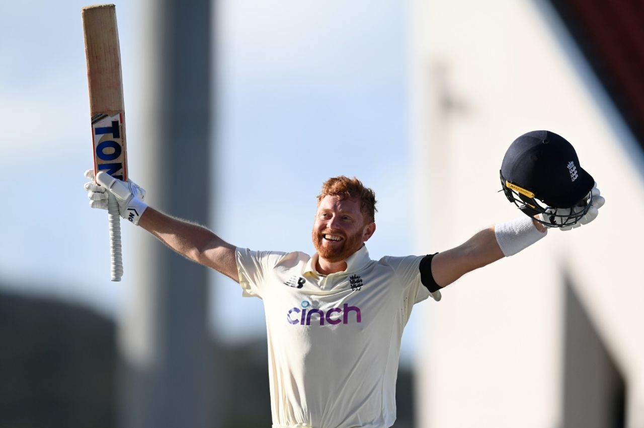 Jonny Bairstow celebrates his gutsy Test century, West Indies vs England, 1st Test, Antigua, 1st day, March 8, 2022